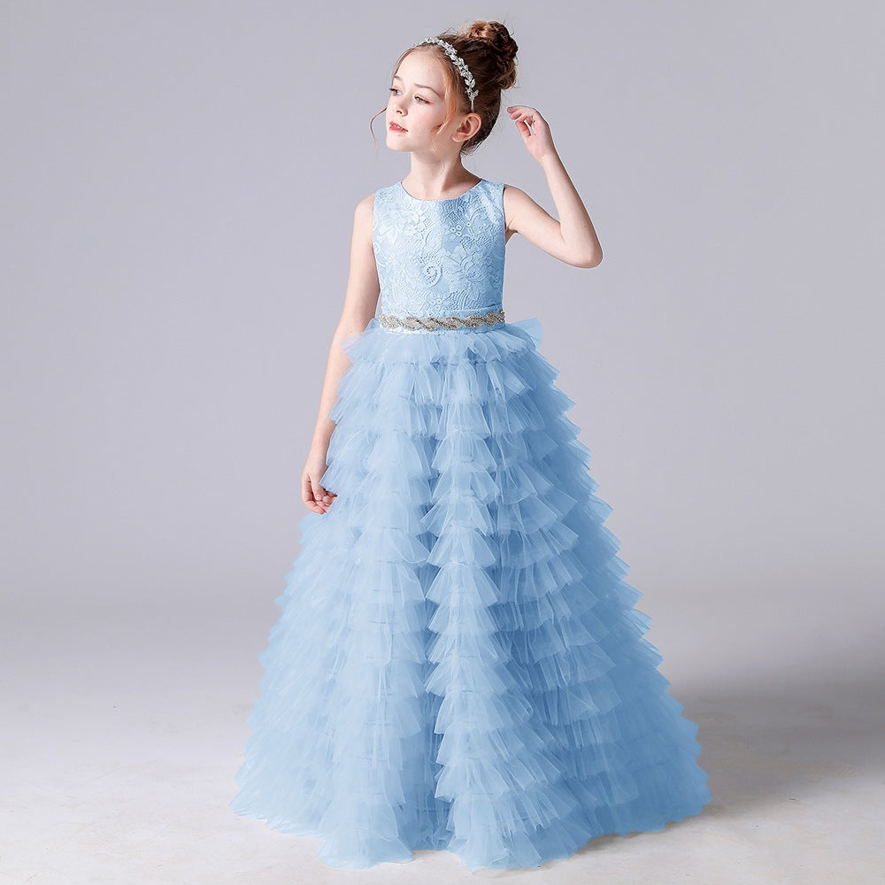 flowersverse Fairy Beautiful Cake Dress Girls' Dress Costume for Piano Performance Princess Style Dress Host Costume Summer Sleeveless