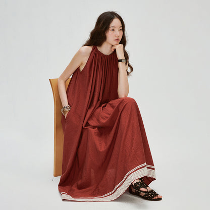 Angola Red Linen Design Sense Dress Holiday Neck Drawstring Ribbon Splicing Swing Skirt B0802