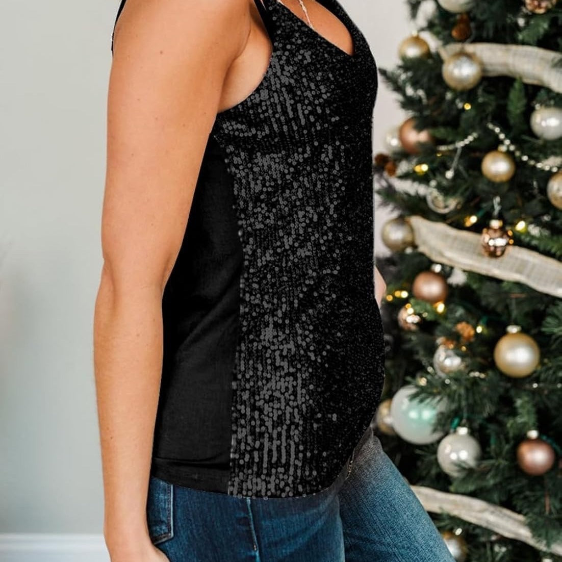 FLOWERSVERSE popular 2025 new  2025 new loose sequin V-neck short-sleeved casual sequin deep V shirt