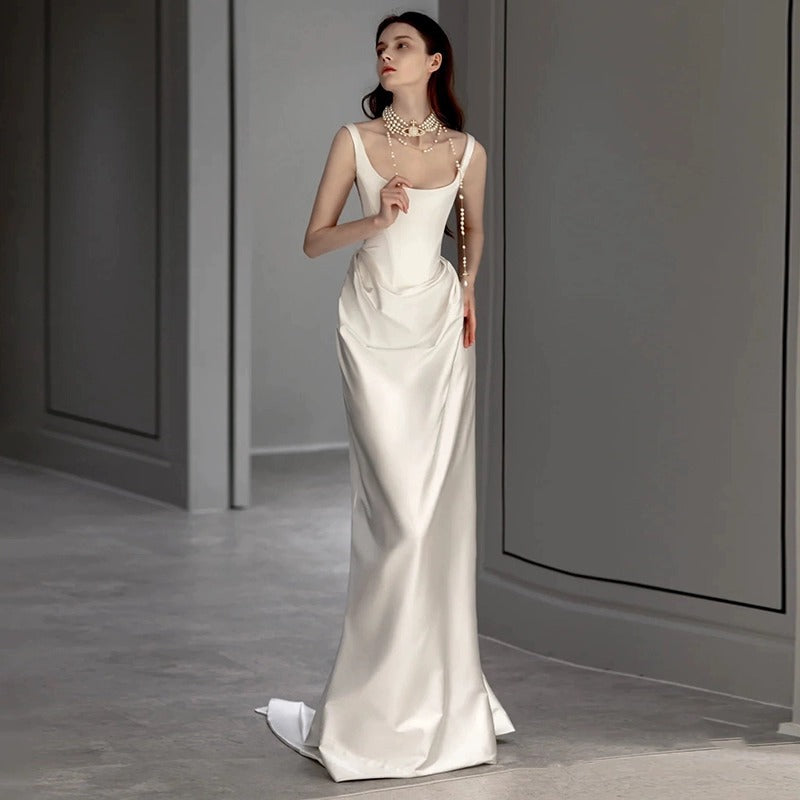 2025 satin light clothing wedding dress  spring new temperament simple go out small trailing suspender welcome dress
