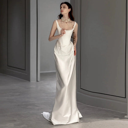 2025 satin light clothing wedding dress  spring new temperament simple go out small trailing suspender welcome dress