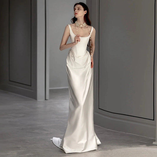 2025 satin light clothing wedding dress  spring new temperament simple go out small trailing suspender welcome dress