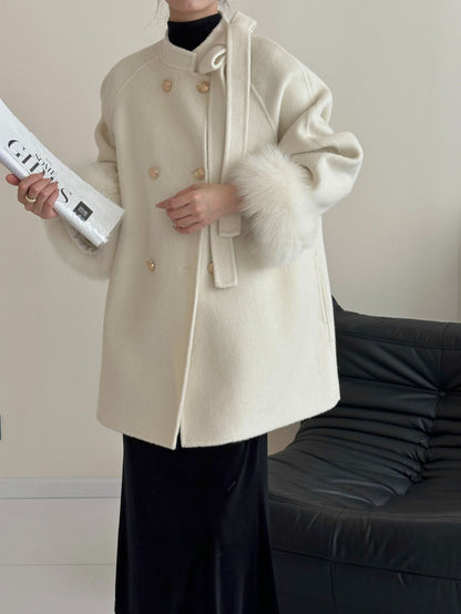 2025 Bow fox hair cuffs shoulder sleeves stand neck double breasted double-sided wool woolen coat jacket warm autumn and winter