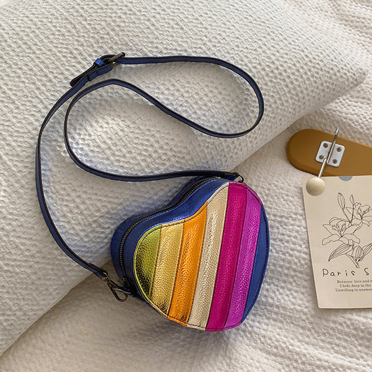 FLOWERSVERSE 2025 Crossbody love bag new women's bag color splicing contrasting color trendy texture PU peach heart shape niche design shoulder bag