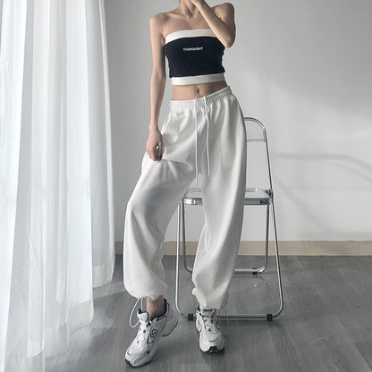 flowersverse [Original Quality Beige Colored Wool] Spring and Autumn Loose Wide Leg Track Pants Summer HOTan and NEWn Ins Casual Pants Ankle-Tied Sweatpants Female Fashion