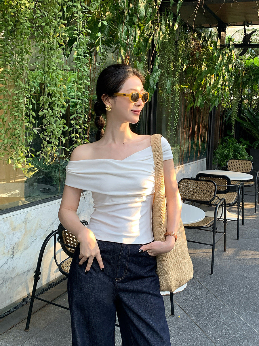 2025 spring and summer new Korean version of simple temperament one-word collar short-sleeved knitted sweater women's top tide 89303