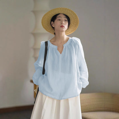 Women's shirt spring soft mist powder long-sleeved shirt wrinkled hemp texture ramie loose sunscreen shirt top versatile 220610