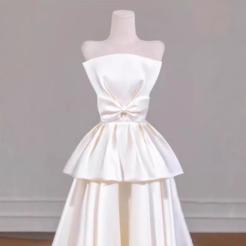 2025 tube top light wedding dress bride simple niche satin temperament go out yarn Mori bow engagement dress skirt