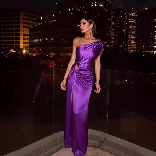 FLOWERSVERSE popular New spring and summer new long dress waist high waist temperament commuting solid color slanted shoulder temperament evening dress dress