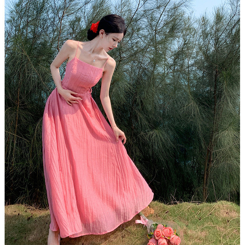 2025 Pink Premium Sexy Halter Suspender Dress Female Summer Fairy Temperament Seaside Vacation Princess Long Skirt