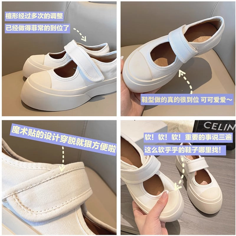 flowersverseZhao Lusi Same Style Canvas Mary Jane Shoes Female Mona All-Match Big Head Nurse Shoes Spring and Summer  Style Platform White Shoes