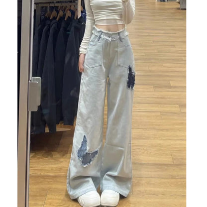flowersverse Light Blue Rough Edges Butterfly Straight Jeans Women's Autumn New Embroidery Design Sense High Waist Loose and Slimming Wide Leg Pants