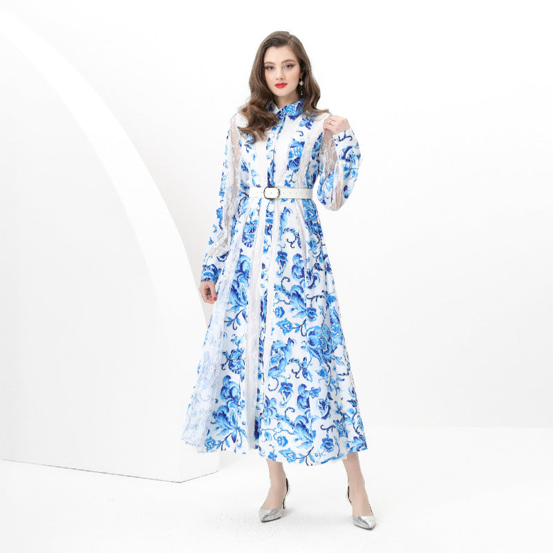 early spring - holiday tailor-made splicing waist wide pendulum printed lace long dress