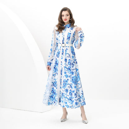 early spring - holiday tailor-made splicing waist wide pendulum printed lace long dress