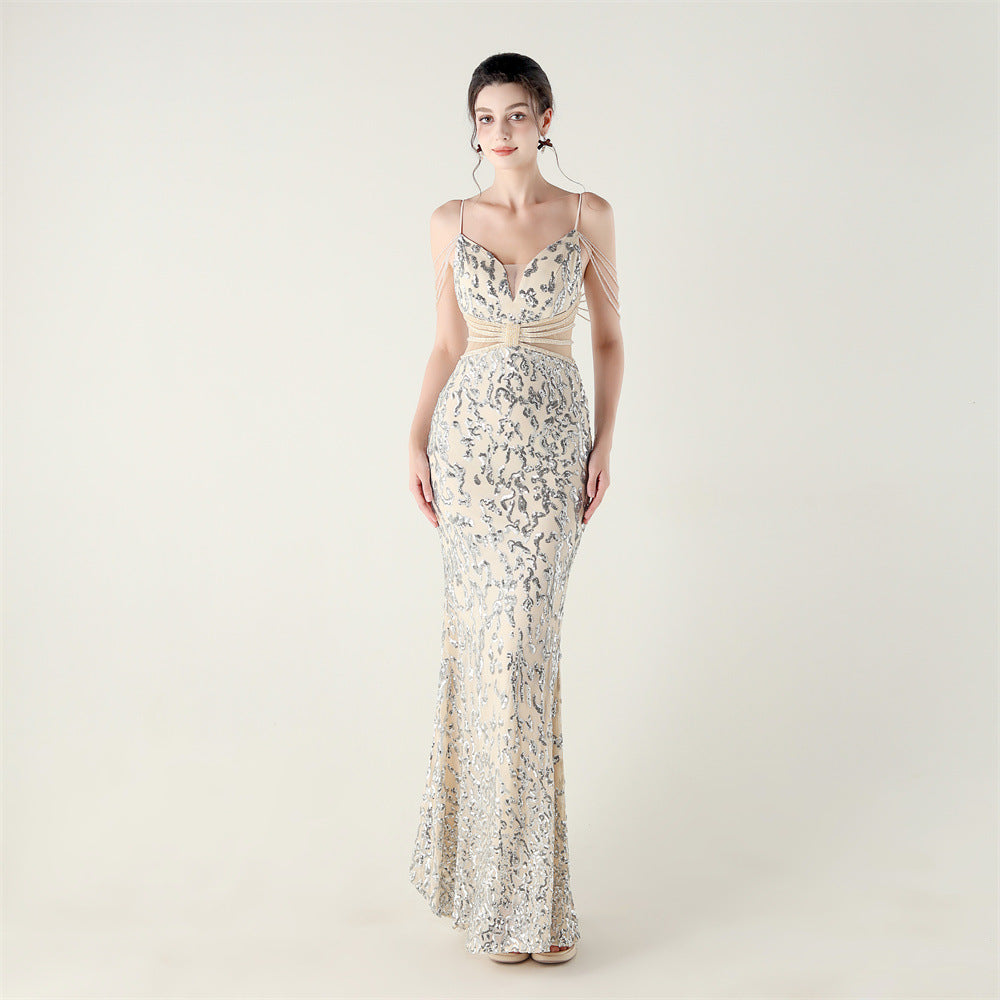 33396 # new heavy industry beaded mid-waist beaded fishtail evening dress, red carpet wedding banquet dress
