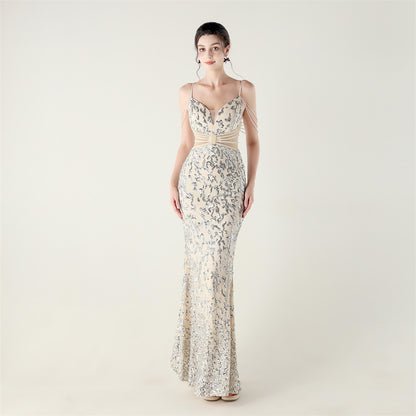 33396 # new heavy industry beaded mid-waist beaded fishtail evening dress, red carpet wedding banquet dress