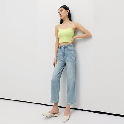 2025 Spring and Autumn  high waist high and thin nine-point women's denim straight pants elastic jeans