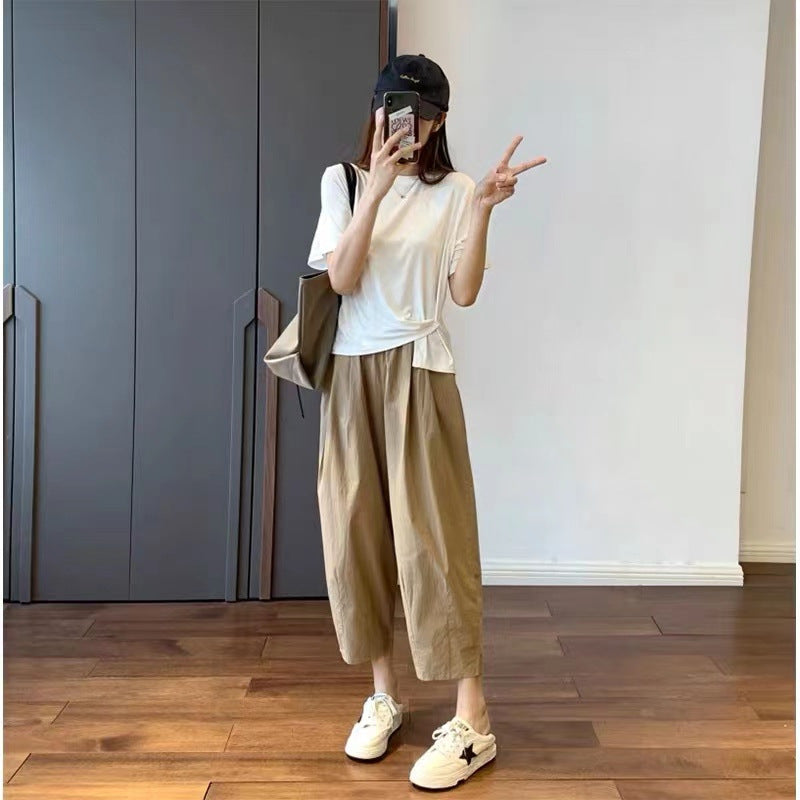 flowersverse Thin Wide-Leg Cropped Pants Women's Summer Casual Straight Pants Japanese Style Simple Slimming Solid Color Workwear Pants