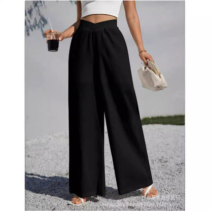 FLOWERSVERSE  Cross-Border Foreign Trade New European and American Solid Color Cross Waist Pleating Wide Leg Popular Women's Casual Pants
