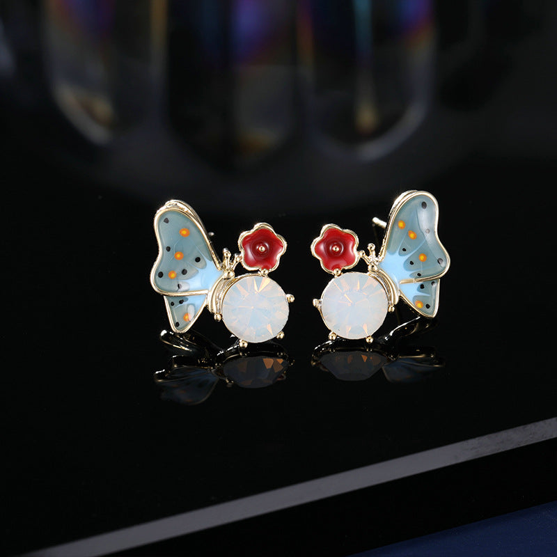 2025 S925 silver needle earrings new fresh and sweet high-end drip oil enamel earrings oil painting style color butterfly stud earrings
