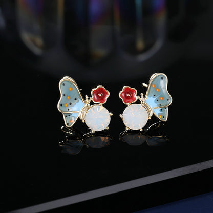 2025 S925 silver needle earrings new fresh and sweet high-end drip oil enamel earrings oil painting style color butterfly stud earrings