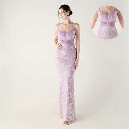 33396 # new heavy industry beaded mid-waist beaded fishtail evening dress, red carpet wedding banquet dress