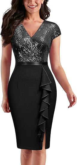 FLOWERSVERSE popular   Black Gold Double Spell Solid Color Temperament Commuter High Waist Fashion Sequin Dress