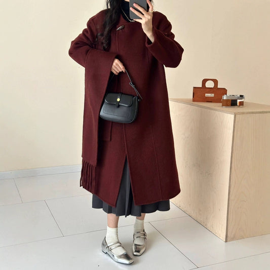 2025 Scarf collar, solid color horn buckle, one buckle, extended double-sided wool coat, woolen coat, women's warm autumn and winter