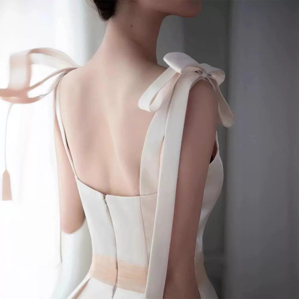 2025 White evening dress  new license registration engagement dress banquet host  suspender dress spring