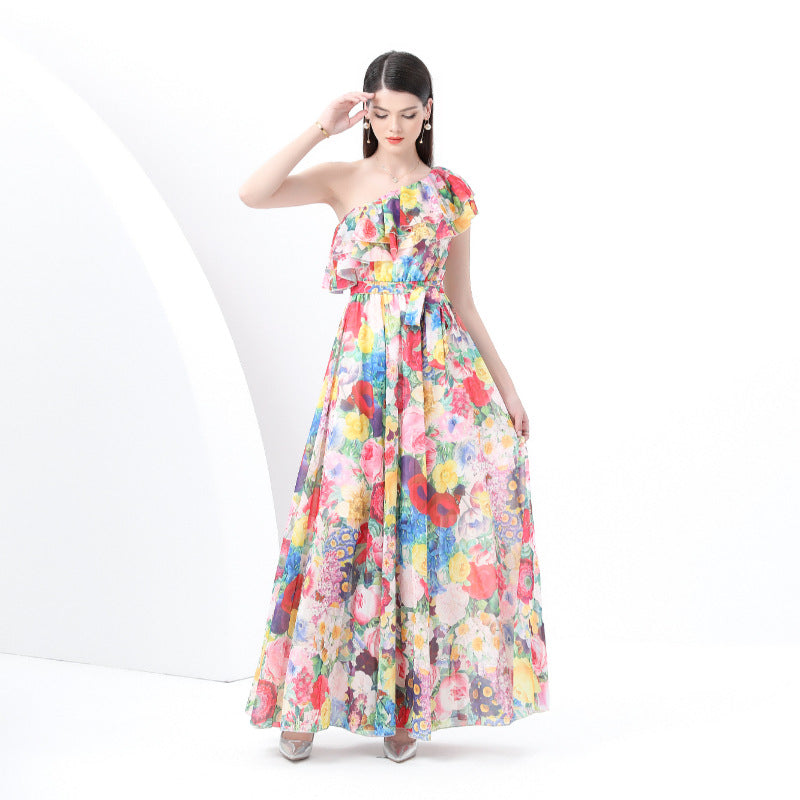 Holiday style print lotus leaf edge dress female  celebrities elegant waist slanted shoulder chiffon dress  summer wear