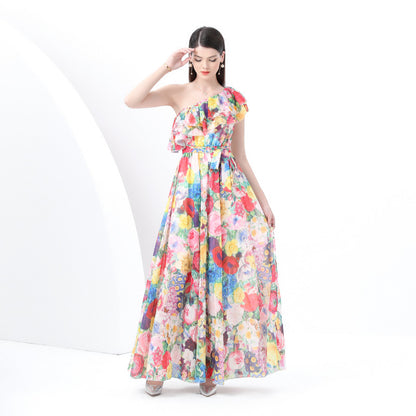 Holiday style print lotus leaf edge dress female  celebrities elegant waist slanted shoulder chiffon dress  summer wear
