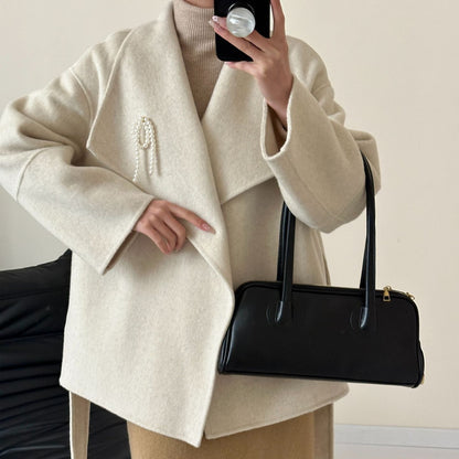 2025 Large lapel lace-up sleeves pearl accessories high-end double-sided wool coat woolen jacket women's warm autumn and winter