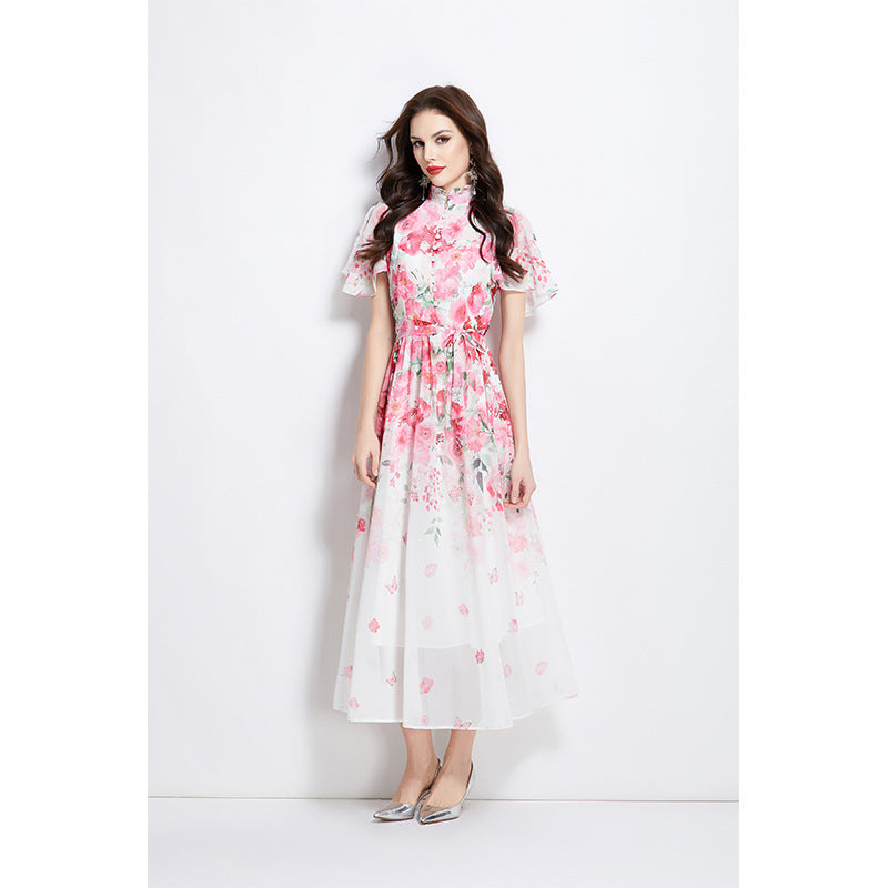 holiday style dress women's  pearl breasted waist thin temperament printed chiffon dress