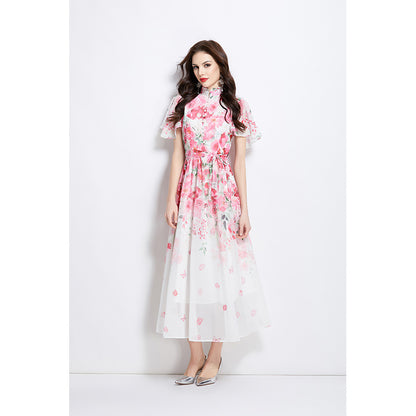 holiday style dress women's  pearl breasted waist thin temperament printed chiffon dress