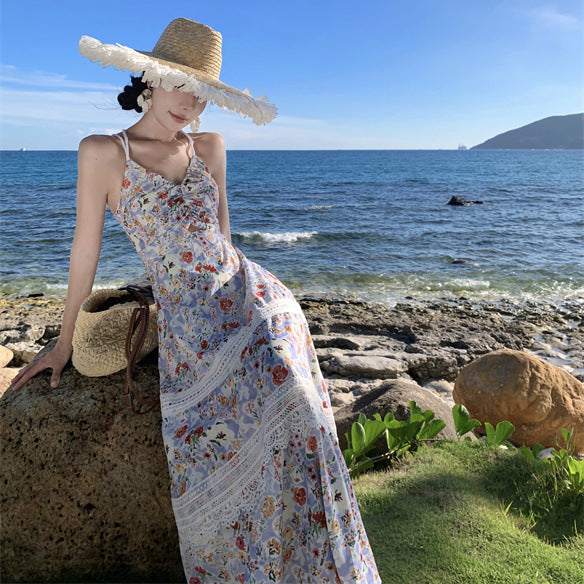 2025 Coffee break  vacation style beautiful waist dress seaside photo atmosphere floral neck suspender dress women
