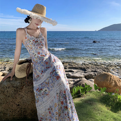 2025 Coffee break  vacation style beautiful waist dress seaside photo atmosphere floral neck suspender dress women