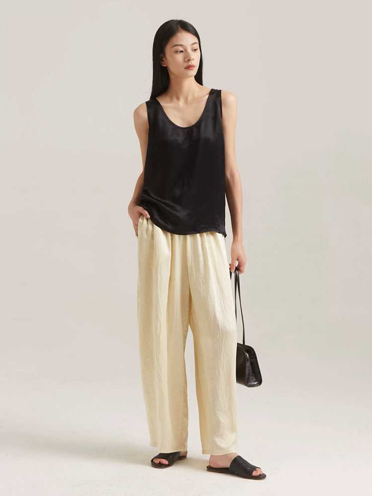 Siyuan, guest acetic acid drawstring elastic waist wide-leg pants women's niche design casual and thin lazy pants 7703