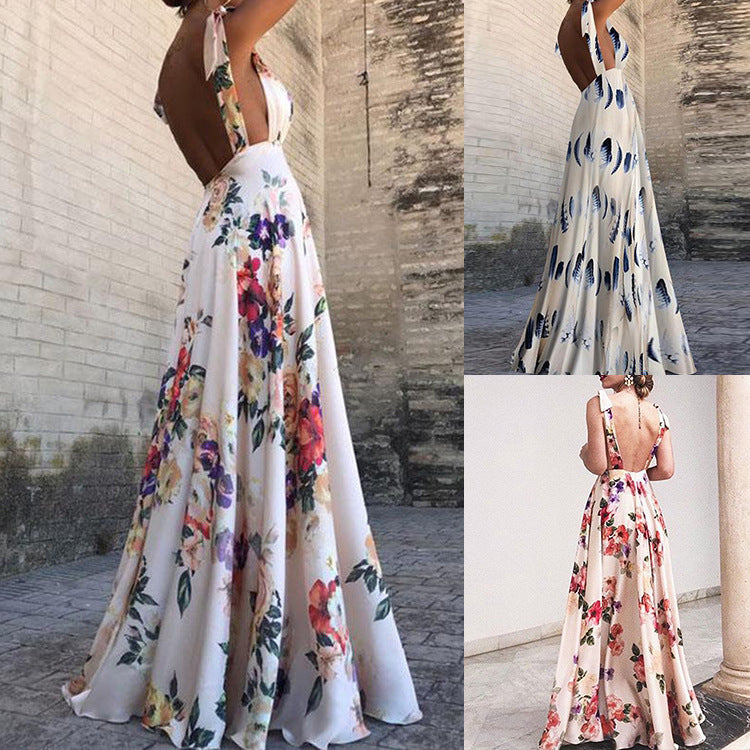 FLOWERSVERSE Chuyi spot summer Popular trade women's 2025 clothing  spring and summer leaked back printing pendulum sleeveless suspender dress