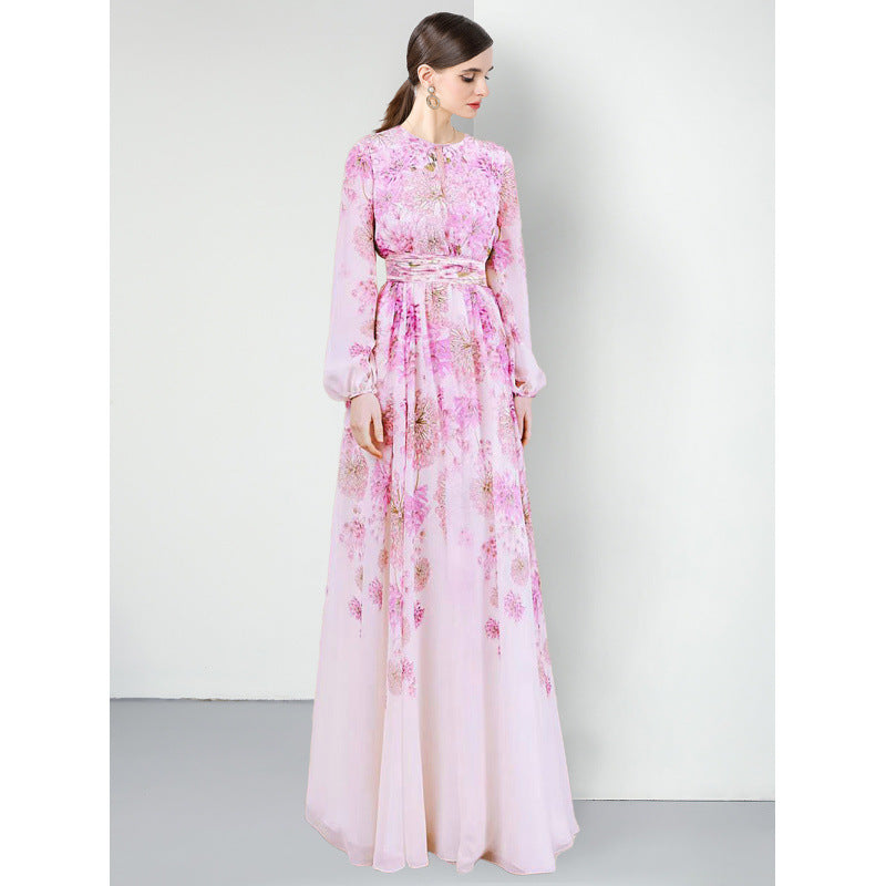 retro dress pink printed long dress and ankle long sleeve temperament skirt hollow design new