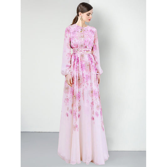 retro dress pink printed long dress and ankle long sleeve temperament skirt hollow design new