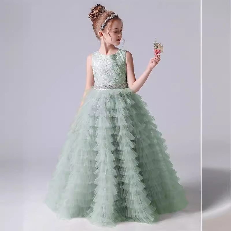 flowersverse Fairy Beautiful Cake Dress Girls' Dress Costume for Piano Performance Princess Style Dress Host Costume Summer Sleeveless