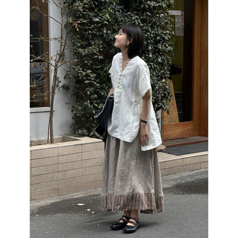 Temperament V-neck linen short-sleeved shirt  summer new simple white design hollow versatile top women