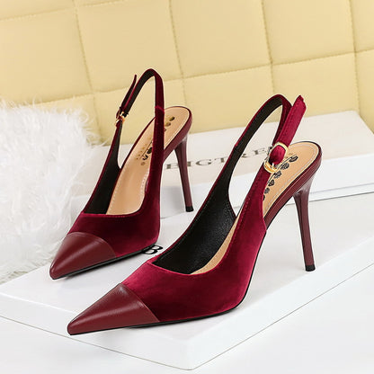 2025 8315-1 High heels women's shoes Shallow mouth west velvet thickened suede splicing pointed end hollow back tripple strap single shoes
