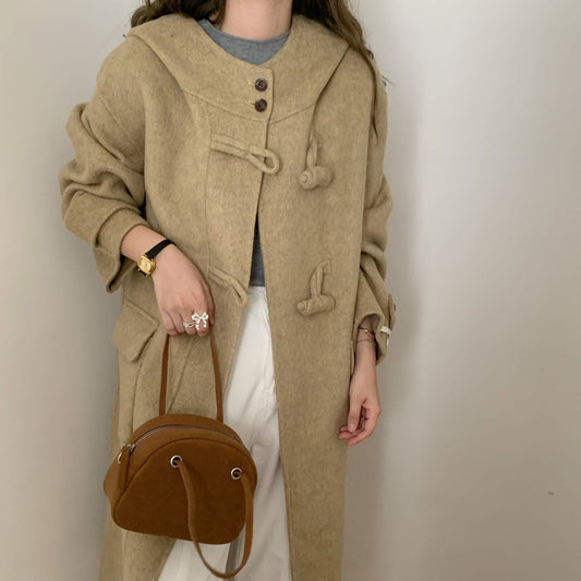 2025 Hooded disc buckle solid color extended double-sided wool coat woolen casual loose coat women's warm autumn and winter