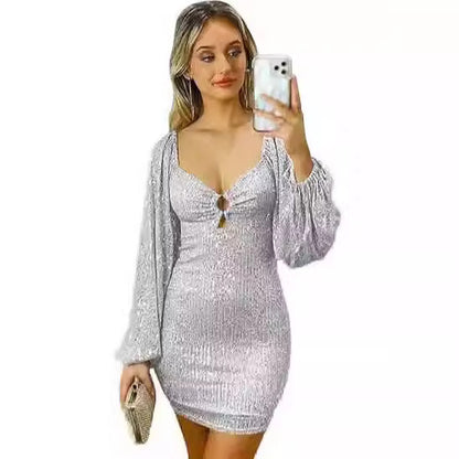 FLOWERSVERSE 2025New   autumn new 2025 beads sexy long-sleeved deep V retro sequins medium and long dress