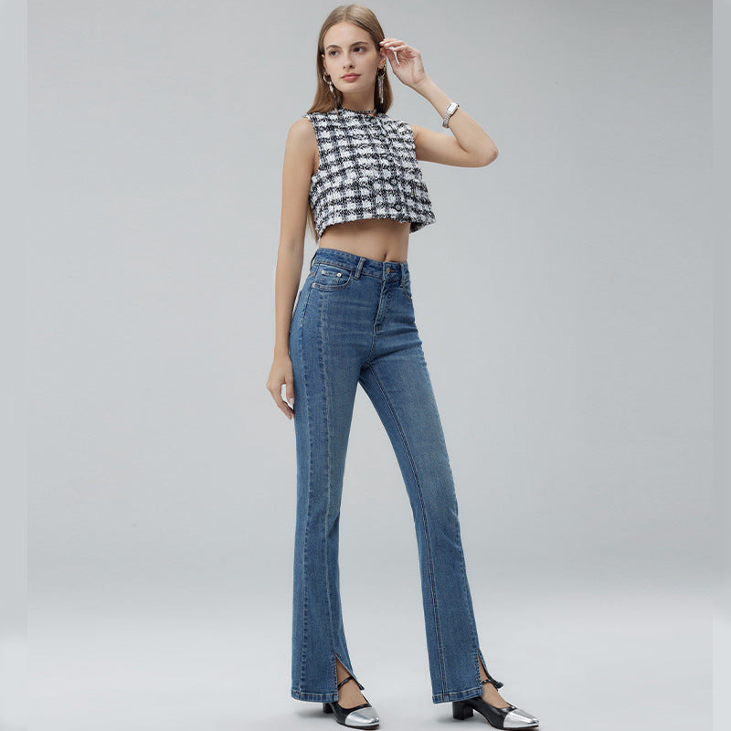 2025 High-end women's clothing summer Xinjiang long-staple cotton micro-elastic stylish split fork shows height and thinness denim horn trousers