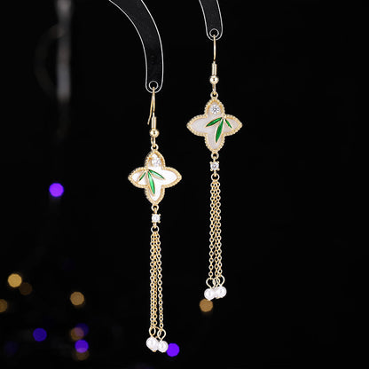 2025 Retro Chinese style new Chinese earrings niche design pearl tassel earrings long lucky grass bamboo leaf earrings