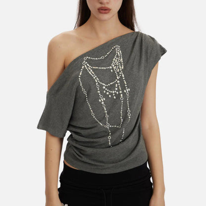 spring new slanted shoulder pure desire style Spice Girl gray T-shirt women's loose heavy industry metal decorative top New