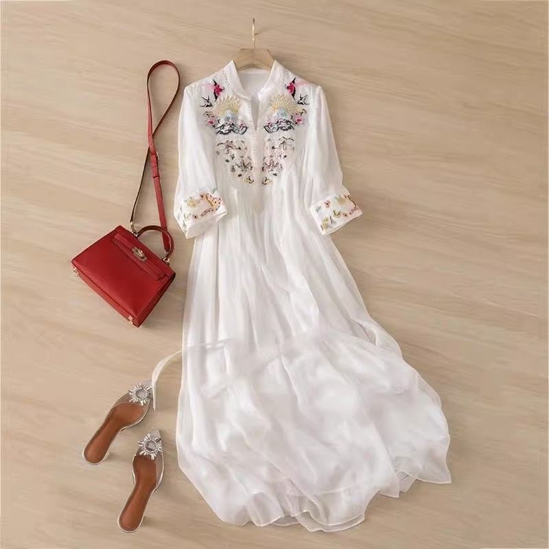National style summer new Chinese dress heavy industry embroidery stand-up collar long dress seven-quarter sleeve loose and thin big swing dress