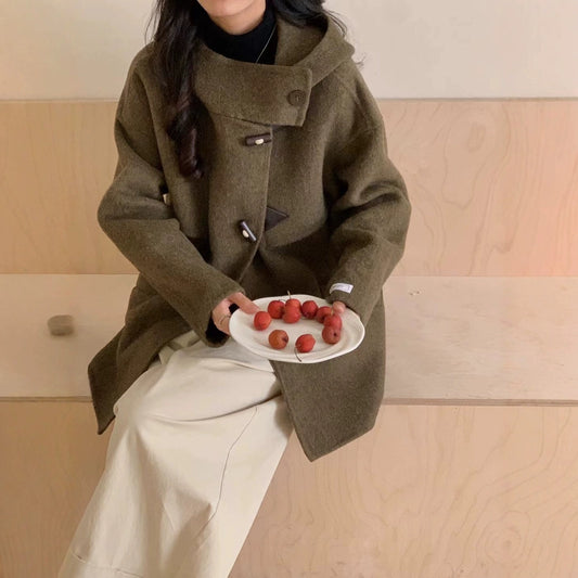 2025 Horn buckle solid color hooded single-breasted multi-buckle medium and long double-sided wool coat woolen jacket women's warm autumn and winter
